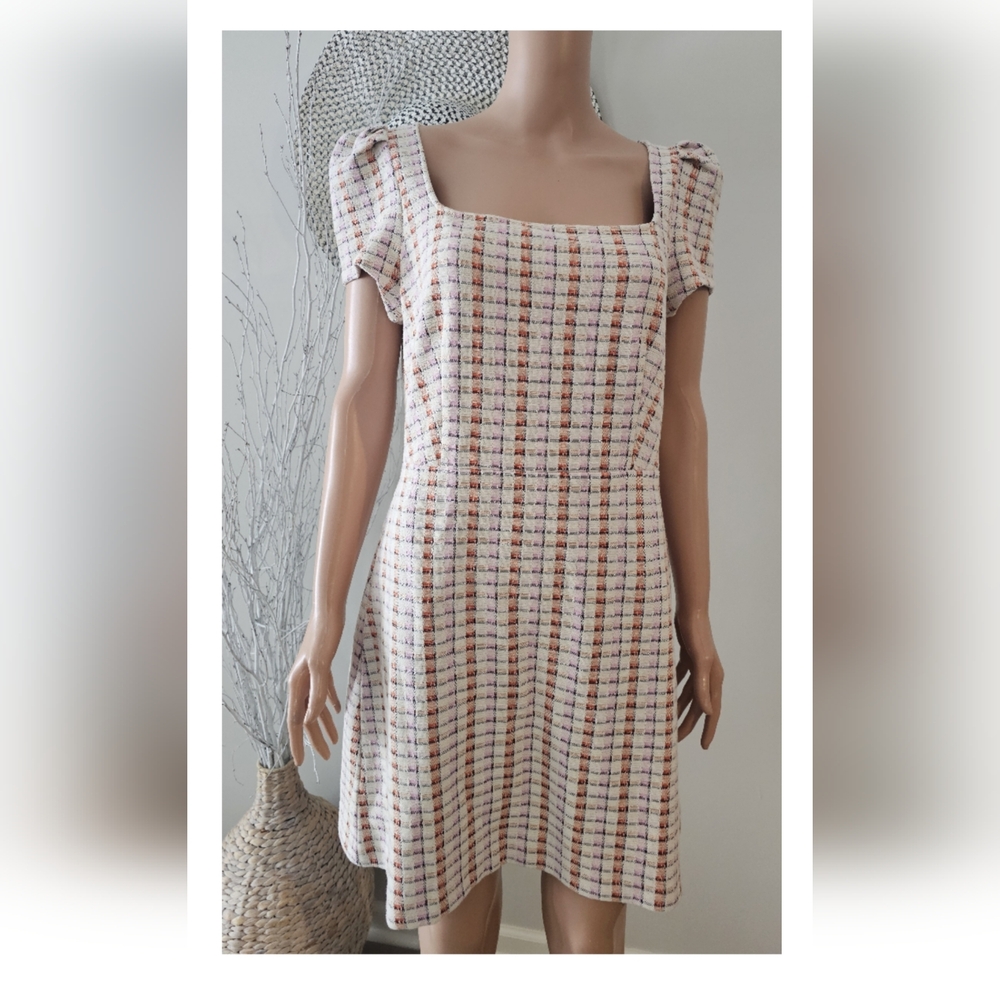 Ann Taylor Madras Beige Plaid Puff Sleeve Flare Dress - Picture 4 of 7